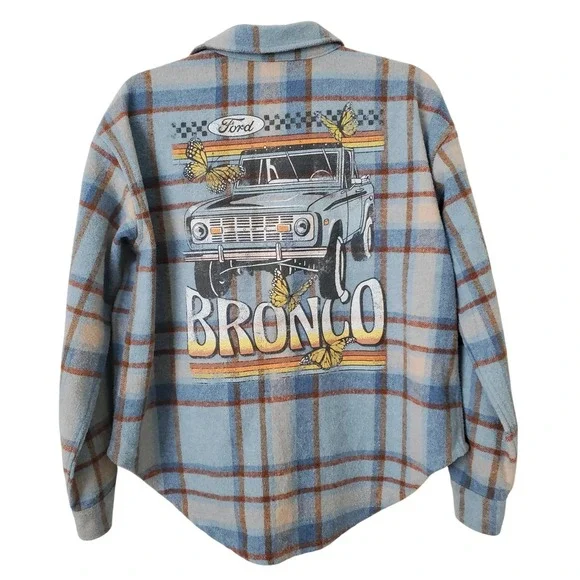 Ford Bronco Plaid Shacket Flannel Shirt Jacket Blue Women's XS Retro Bohemian - Picture 1 of 8